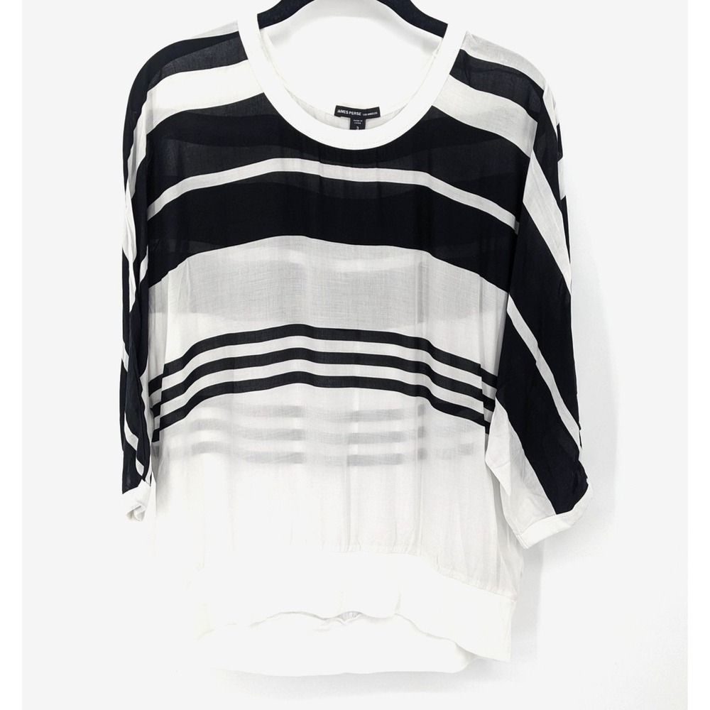 James Perse Top Womens Large Black White Striped Lightweight Sheer Shirt